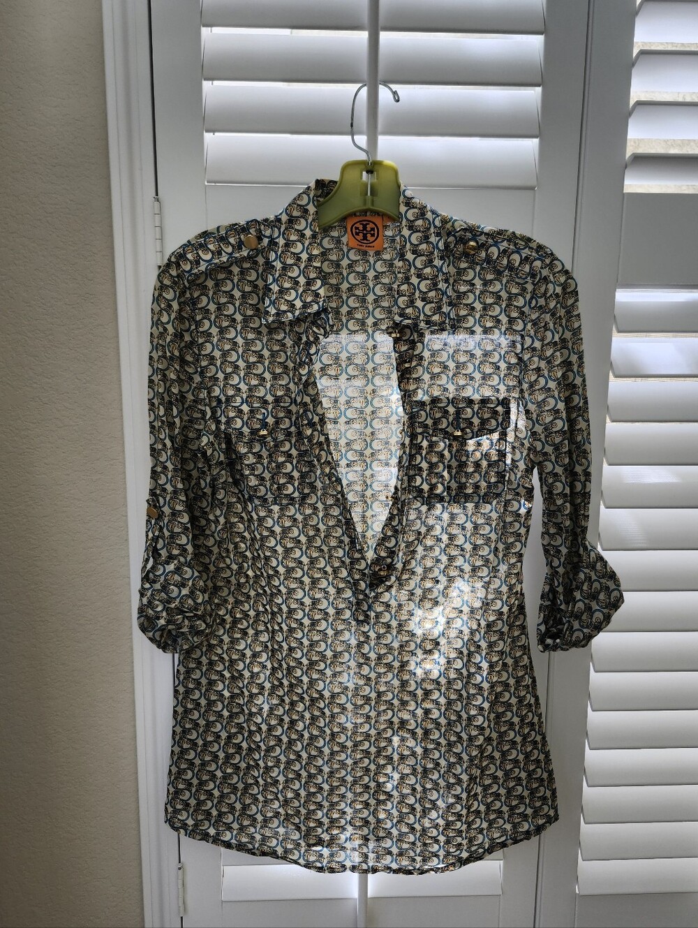 Tory Burch Cream and Navy Printed Button-Front Shirt